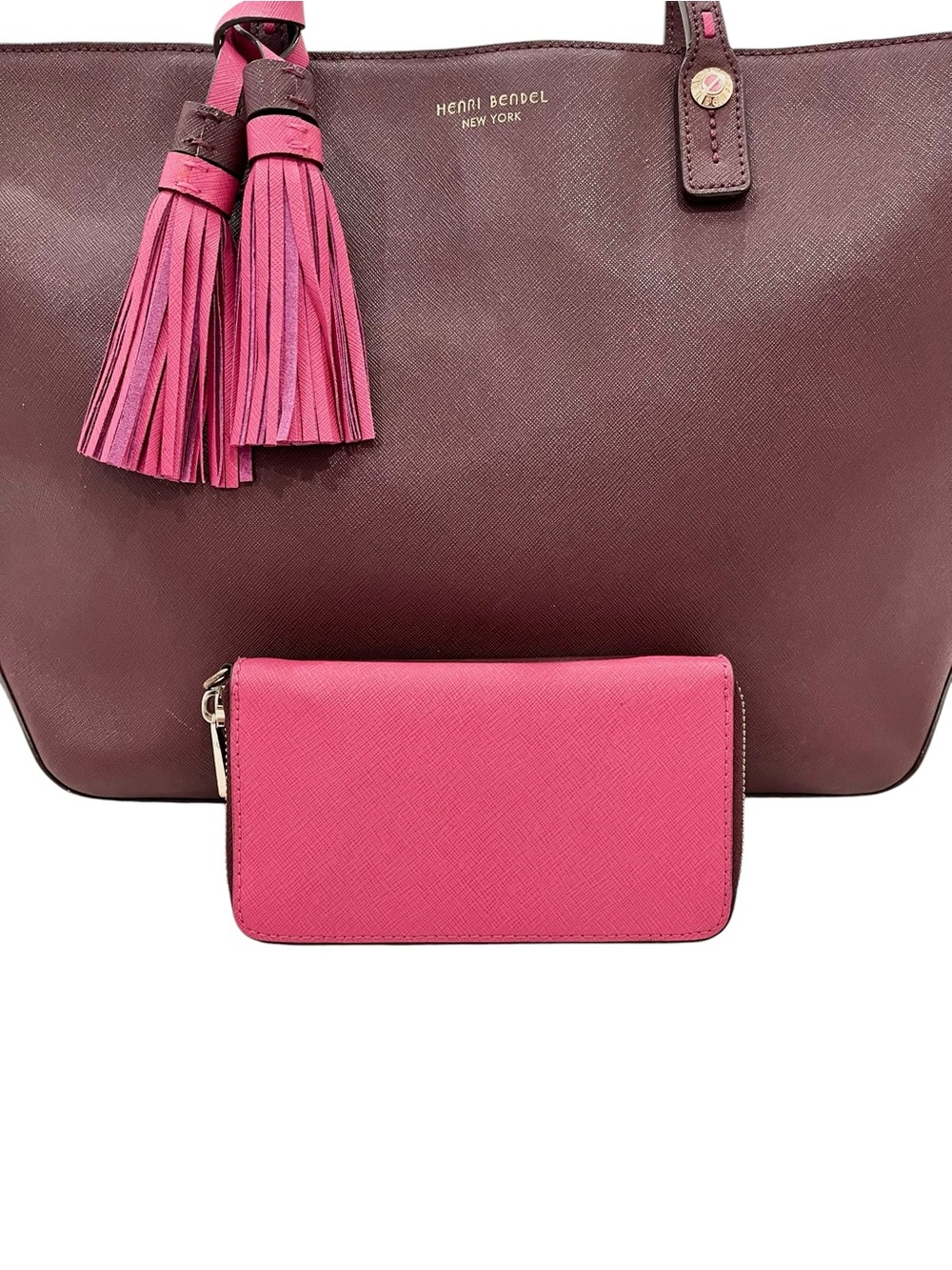 Henri Bendel West 57th Wine/Pink Saffiano Leather Tote & Matching Wallet NWOT - Picture 9 of 14